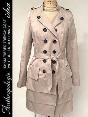 Anthropologie Khaki Tiered Trench Coat With Green Geo Lining Size 8